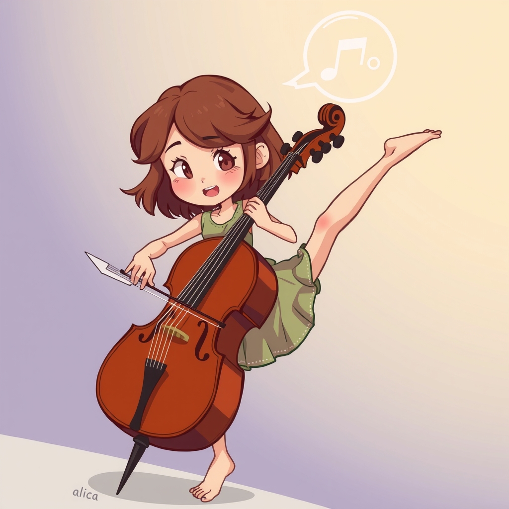 cartoon girl with brown shoulder length hair doing acrobatics playing cello by मुफ्त एआई छवि जनरेटर - बिना लॉगिन के✨ | AIGAZOU