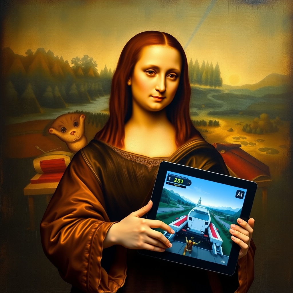 leonardo da vinci holding mona lisa and playing video games by Free AI Image Generator & Maker - No login required✨ | AIGAZOU
