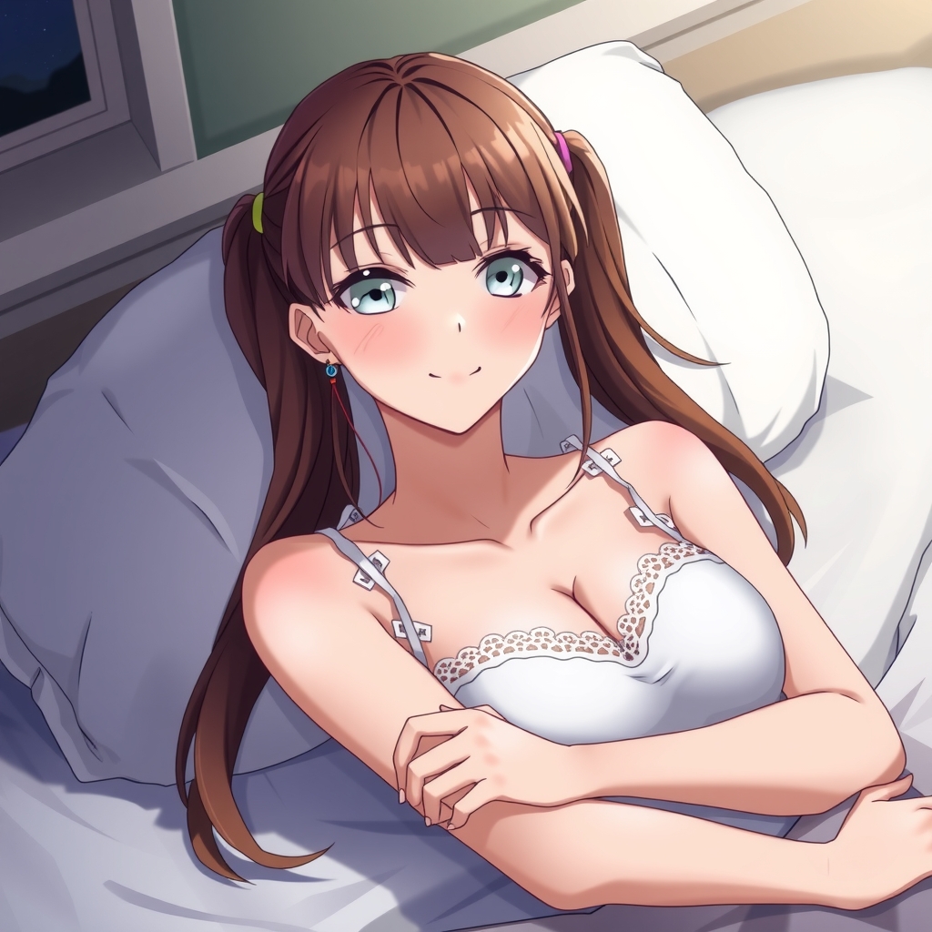 anime style energetic 30 year old woman with brown hair in twintails light gray eyes white camisole with lace at by أداة مجانية لإنشاء الصور بالذكاء الاصطناعي - إنشاء الصور بدون تسجيل الدخول | AIGAZOU