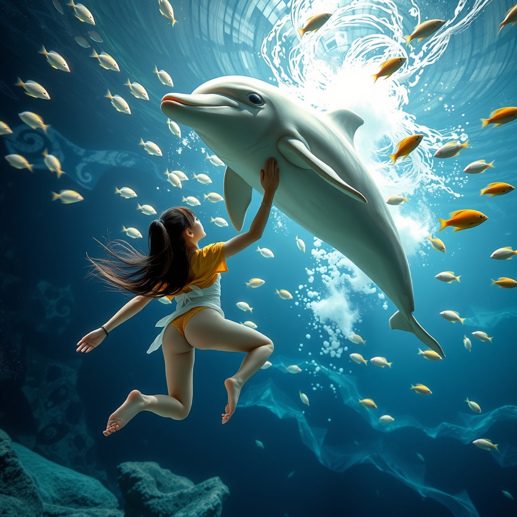 aquarium large tank dolphins tropical fish swimming speed teenage ninja girl japanese bikini 16k high definition detailed 4d background bubble by मुफ्त एआई छवि जनरेटर - बिना लॉगिन के✨ | AIGAZOU