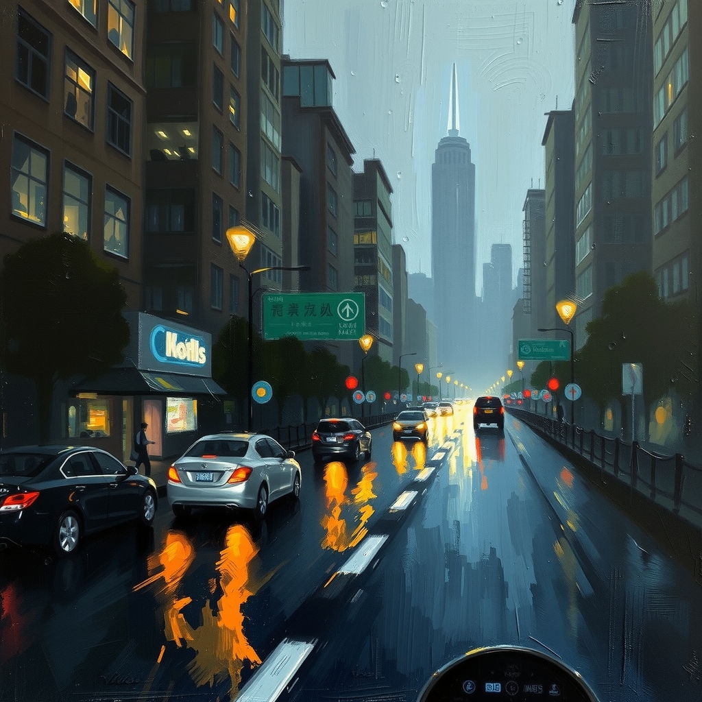 oil painting rough brush strokes night rain wet city road skyscrapers cars shadows distant lights blurred headlights neon by मुफ्त एआई छवि जनरेटर - बिना लॉगिन के✨ | AIGAZOU