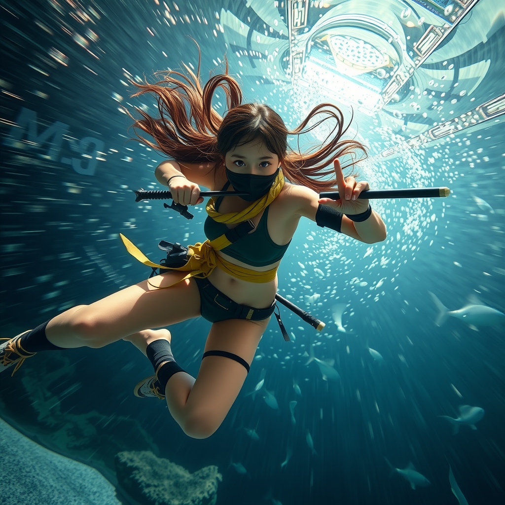 aquarium large tank swift swimming teenage ninja girl japanese bikini ninja outfit weapons 16k high definition detailed 4d background super by मुफ्त एआई छवि जनरेटर - बिना लॉगिन के✨ | AIGAZOU