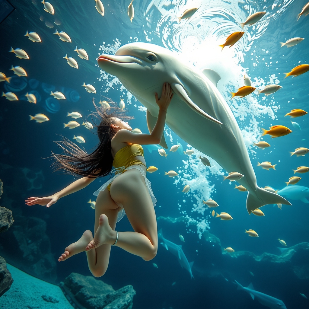 aquarium large tank dolphin tropical fish swimming speed teenage ninja girl japanese bikini 16k high definition detailed 4d bubble ring by मुफ्त एआई छवि जनरेटर - बिना लॉगिन के✨ | AIGAZOU