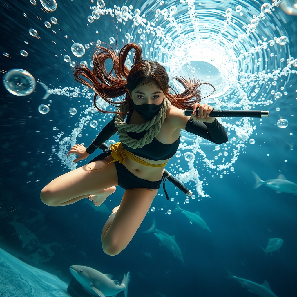 aquarium large tank swift swimming teenage ninja girl japanese bikini ninja outfit weapons 16k high definition detailed 4d background super by मुफ्त एआई छवि जनरेटर - बिना लॉगिन के✨ | AIGAZOU