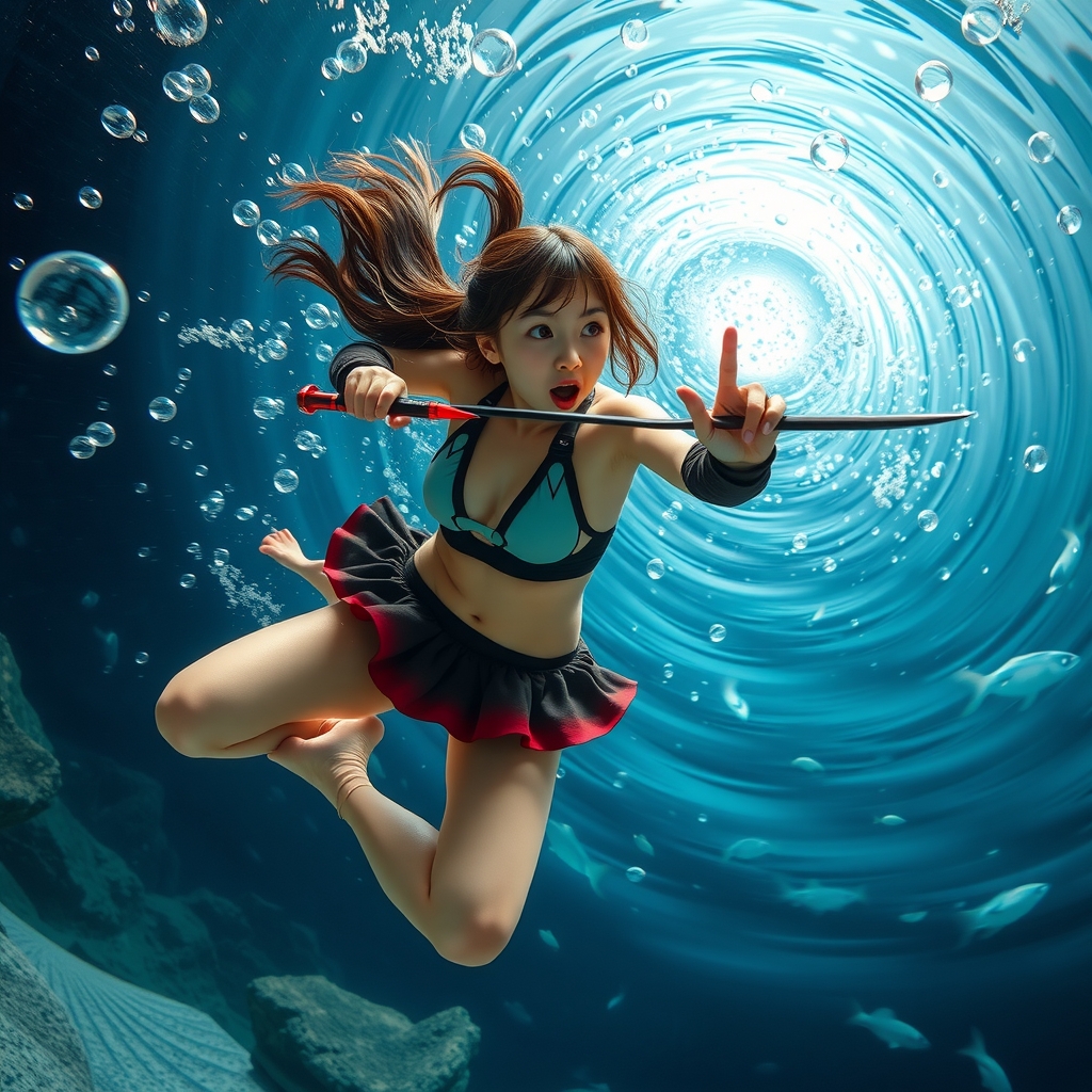 aquarium large tank swift swimming teenage ninja japanese bikini ninja outfit weapons 16k high definition detailed 4d background super giant by मुफ्त एआई छवि जनरेटर - बिना लॉगिन के✨ | AIGAZOU