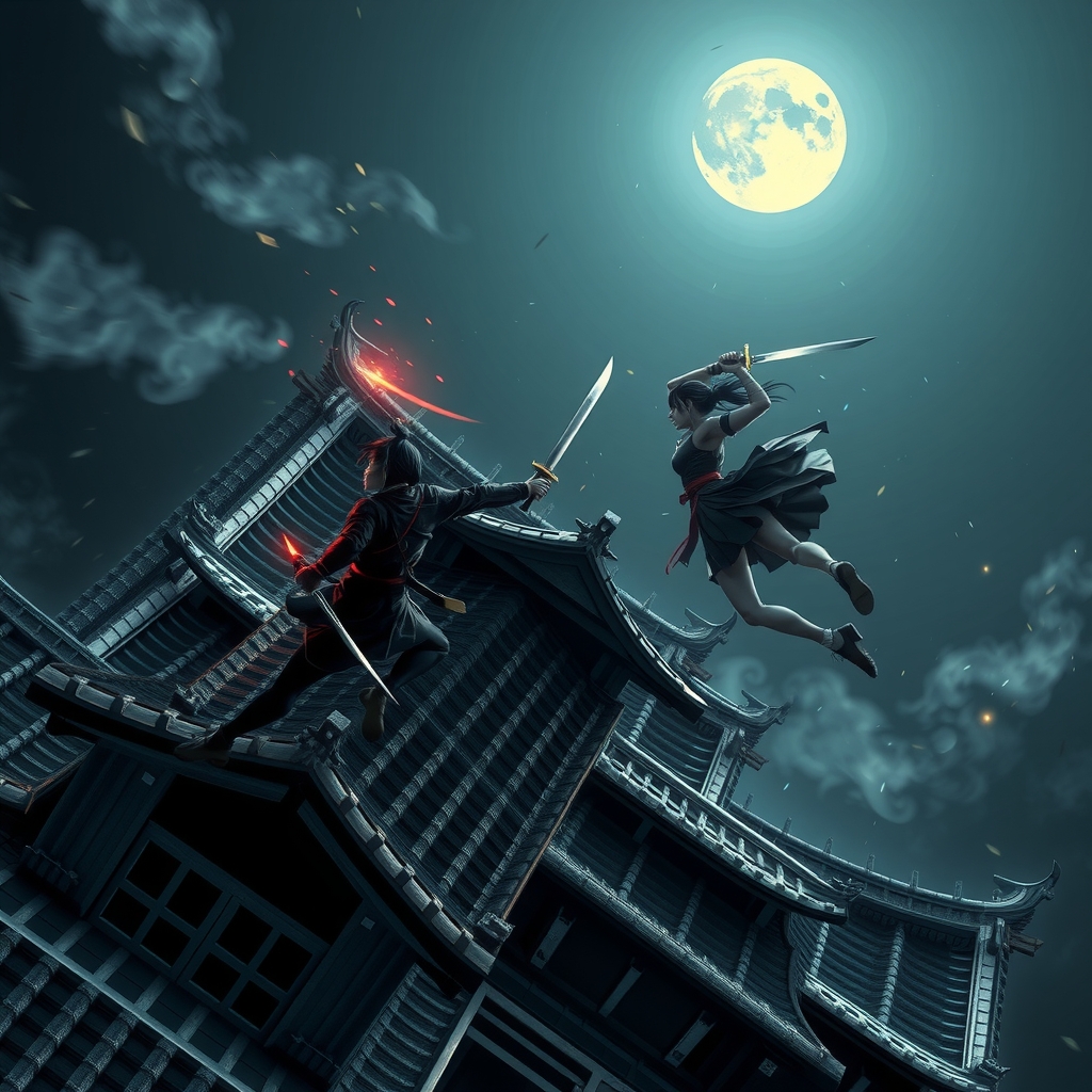 ninja battle on castle roof under moonlit night by Gerador de imagens com IA gratuito - Sem login necessário✨ | AIGAZOU