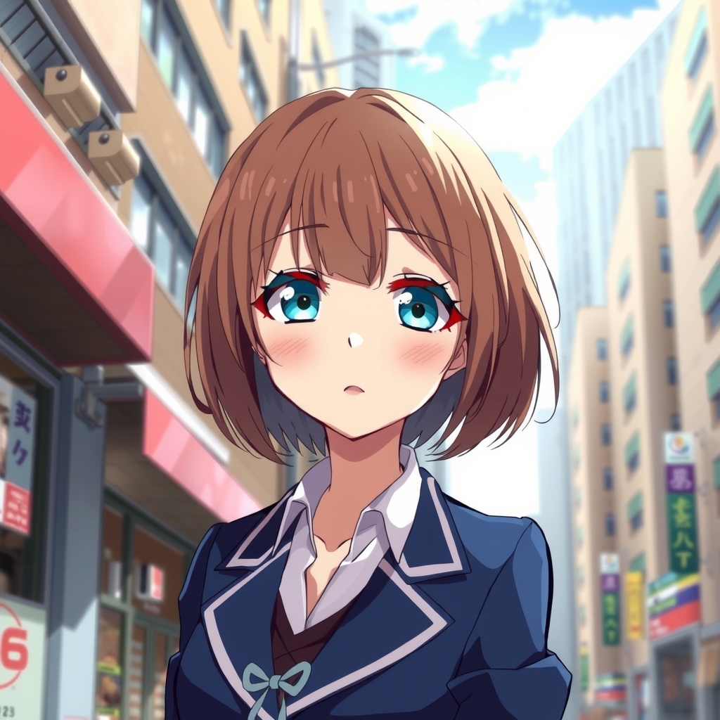 anime girl blue eyes blazer uniform urban landscape brown short bob by 無料AI画像生成 aiイラスト - ログイン不要の画像作成サイト | AIGAZOU