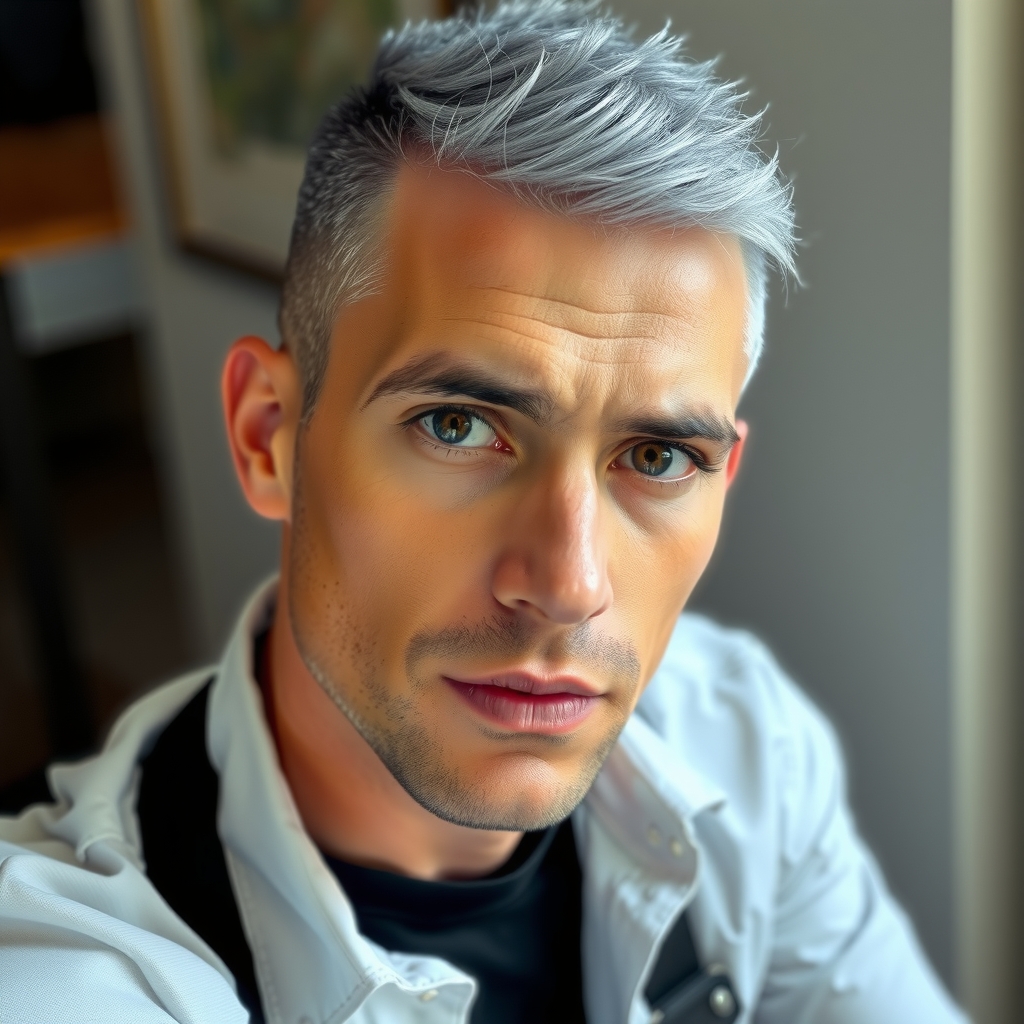 man gray hair undercut black eyes white shirt black jeans leather boots by 免費AI圖像生成工具 AI製圖 | AIGAZOU