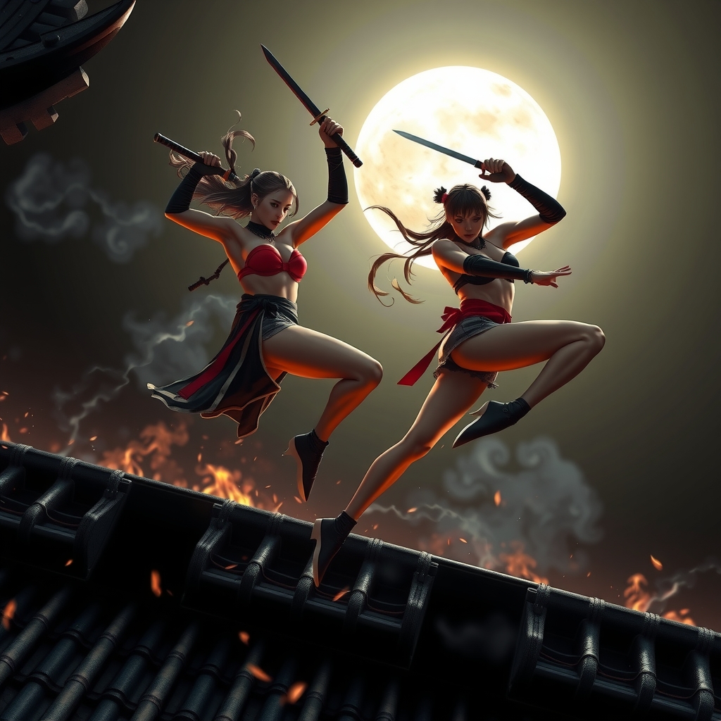 two female ninjas battle on castle roof by Free AI Image Generator & Maker - No login required✨ | AIGAZOU