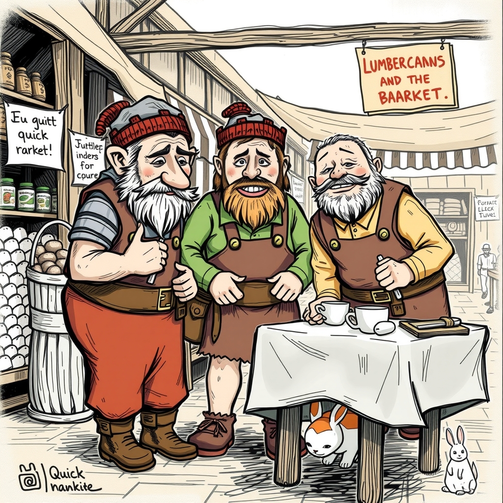 three lumberjacks talking loudly in the market and a quick rabbit hiding under a table listening by Free AI Image Generator & Maker - No login required✨ | AIGAZOU