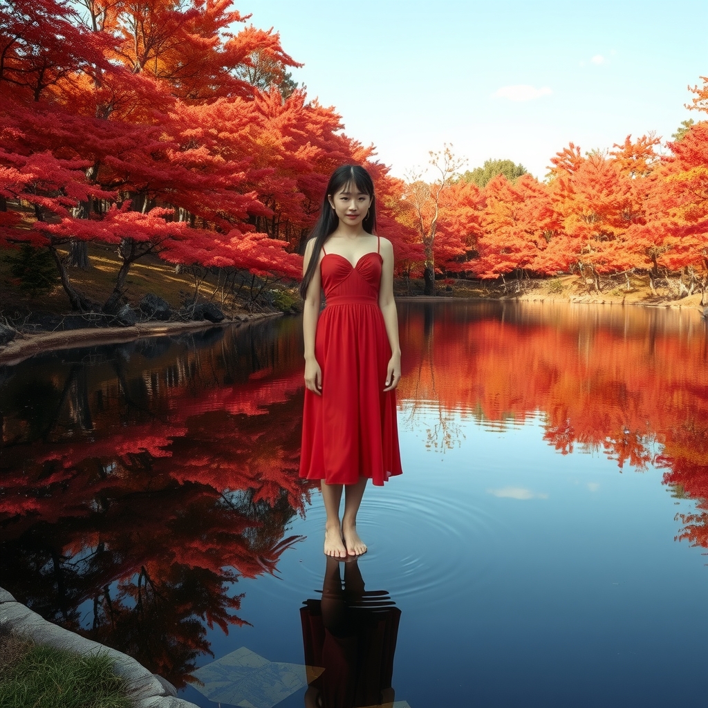 autumn leaves japanese woman standing on water by मुफ्त एआई छवि जनरेटर - बिना लॉगिन के✨ | AIGAZOU