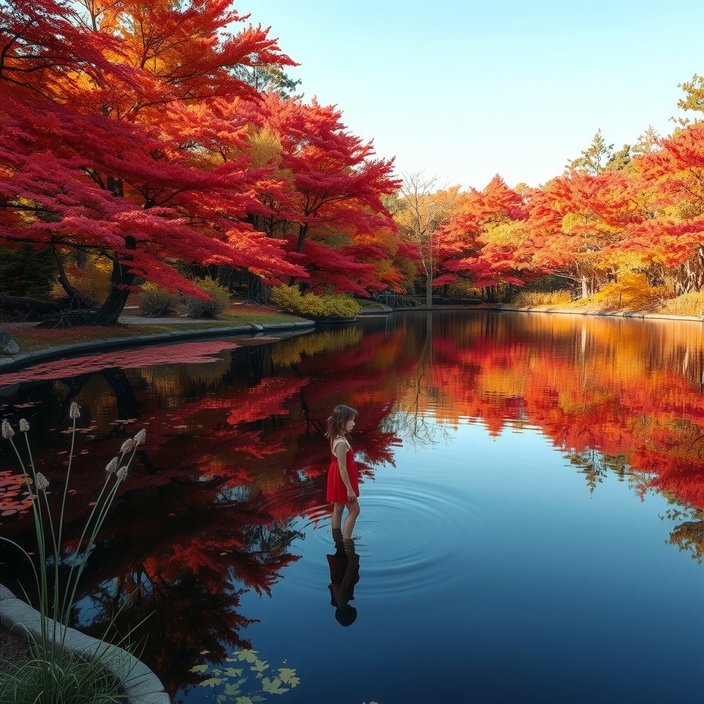 autumn leaves japanese woman standing on water by मुफ्त एआई छवि जनरेटर - बिना लॉगिन के✨ | AIGAZOU