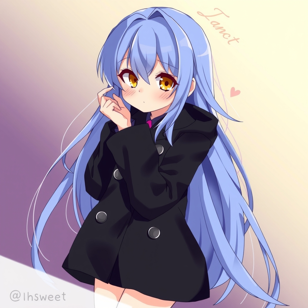 anime style blue hair long hair black duffle coat ponytail yellow eyes girl purple black high heels sweet by मुफ्त एआई छवि जनरेटर - बिना लॉगिन के✨ | AIGAZOU