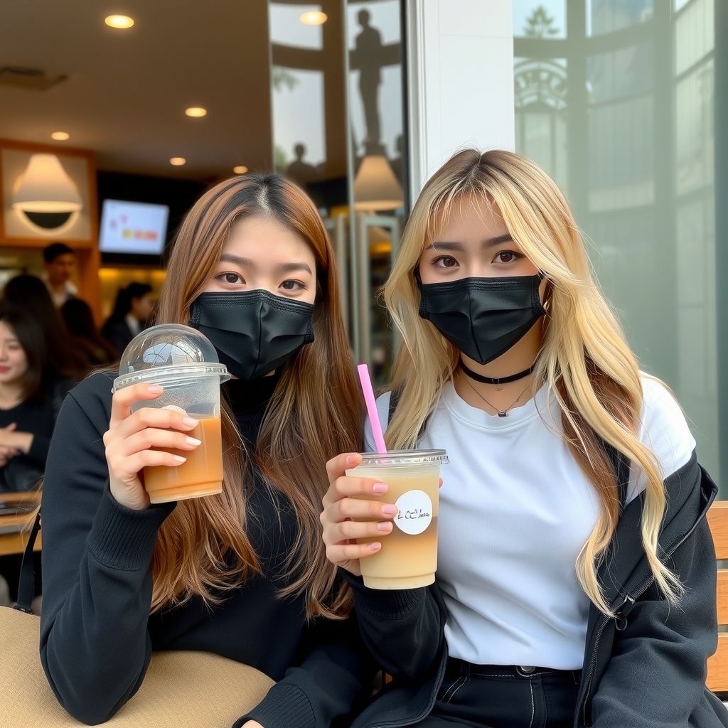 two high school girls with different hair and masks go for bubble tea by मुफ्त एआई छवि जनरेटर - बिना लॉगिन के✨ | AIGAZOU