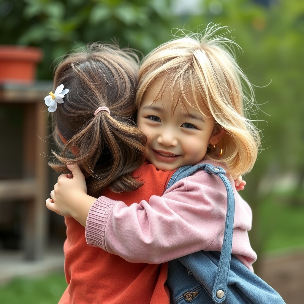 a blonde korean girl hugs a brown haired korean girl by मुफ्त एआई छवि जनरेटर - बिना लॉगिन के✨ | AIGAZOU