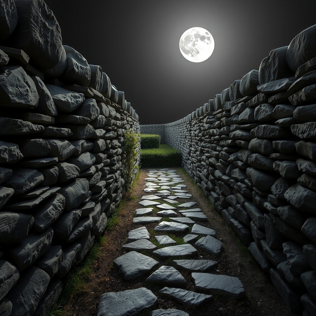 esja shaped stone wall road small garden at the end bright full moon on the garden by मुफ्त एआई छवि जनरेटर - बिना लॉगिन के✨ | AIGAZOU