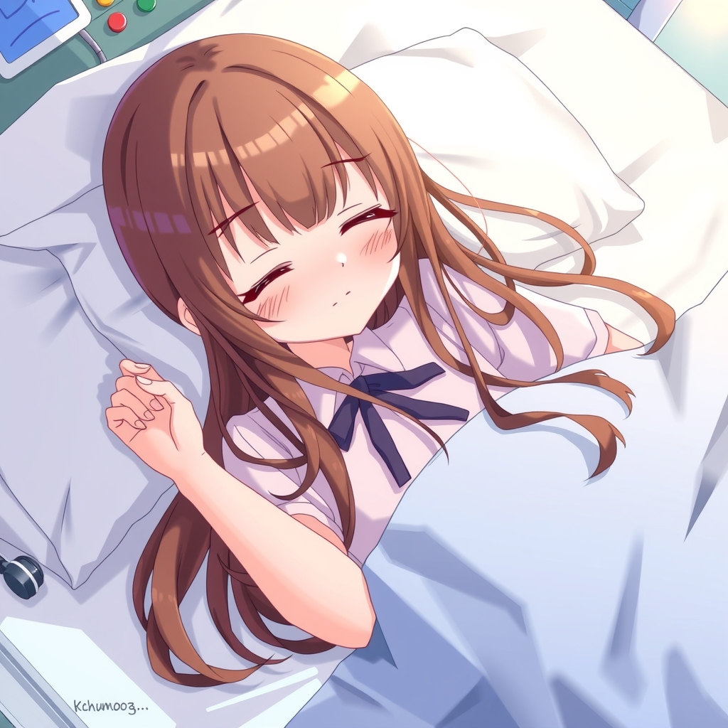 anime style high school girl brown hair cute hospital patient bed sleeping by मुफ्त एआई छवि जनरेटर - बिना लॉगिन के✨ | AIGAZOU