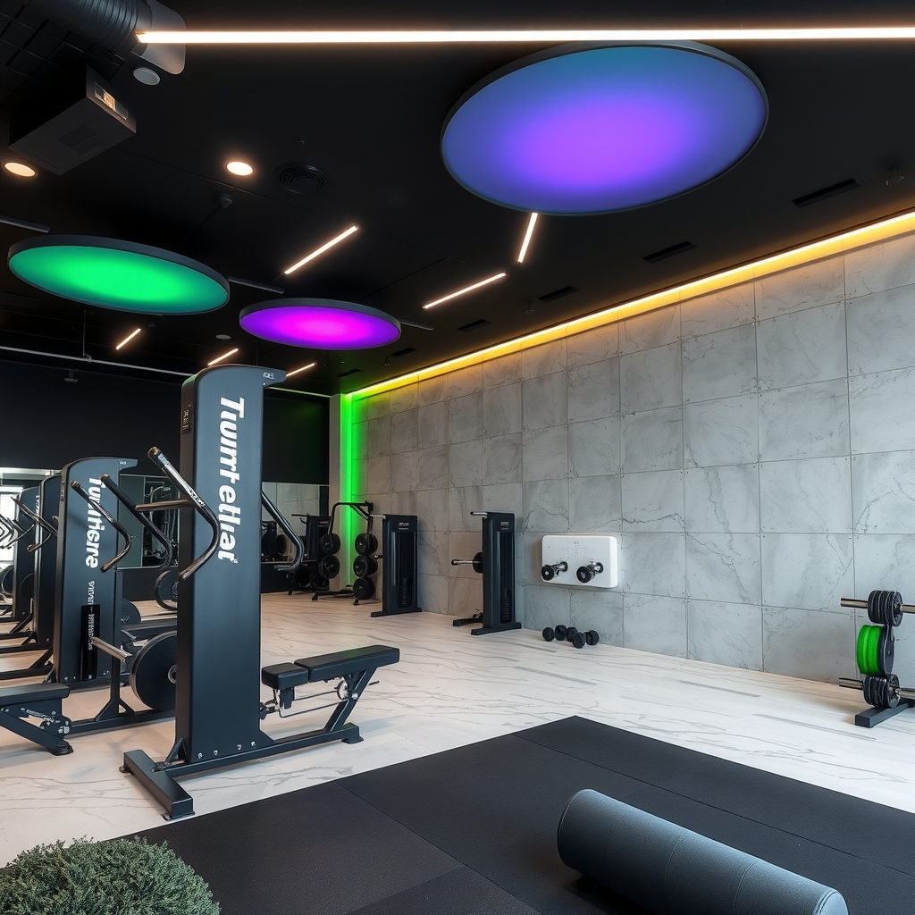 fitness studio black ceiling led white green purple spots by मुफ्त एआई छवि जनरेटर - बिना लॉगिन के✨ | AIGAZOU