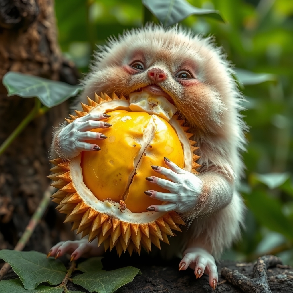 a scene of a chipmunk eating a ripe durian fruit by मुफ्त एआई छवि जनरेटर - बिना लॉगिन के✨ | AIGAZOU