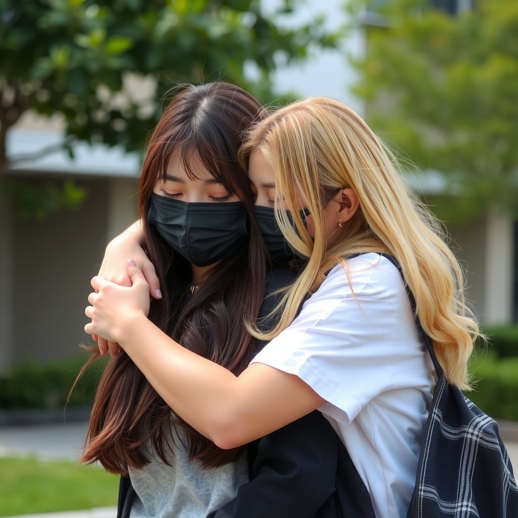 a blonde high school girl hugging a masked korean girl by मुफ्त एआई छवि जनरेटर - बिना लॉगिन के✨ | AIGAZOU