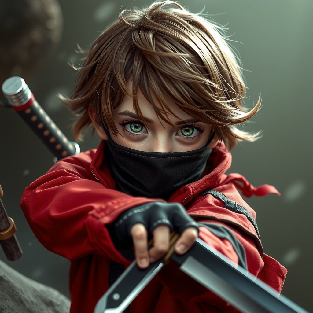 young brown hair green eyes 10 years old with ninja knife and red black suit by मुफ्त एआई छवि जनरेटर - बिना लॉगिन के✨ | AIGAZOU