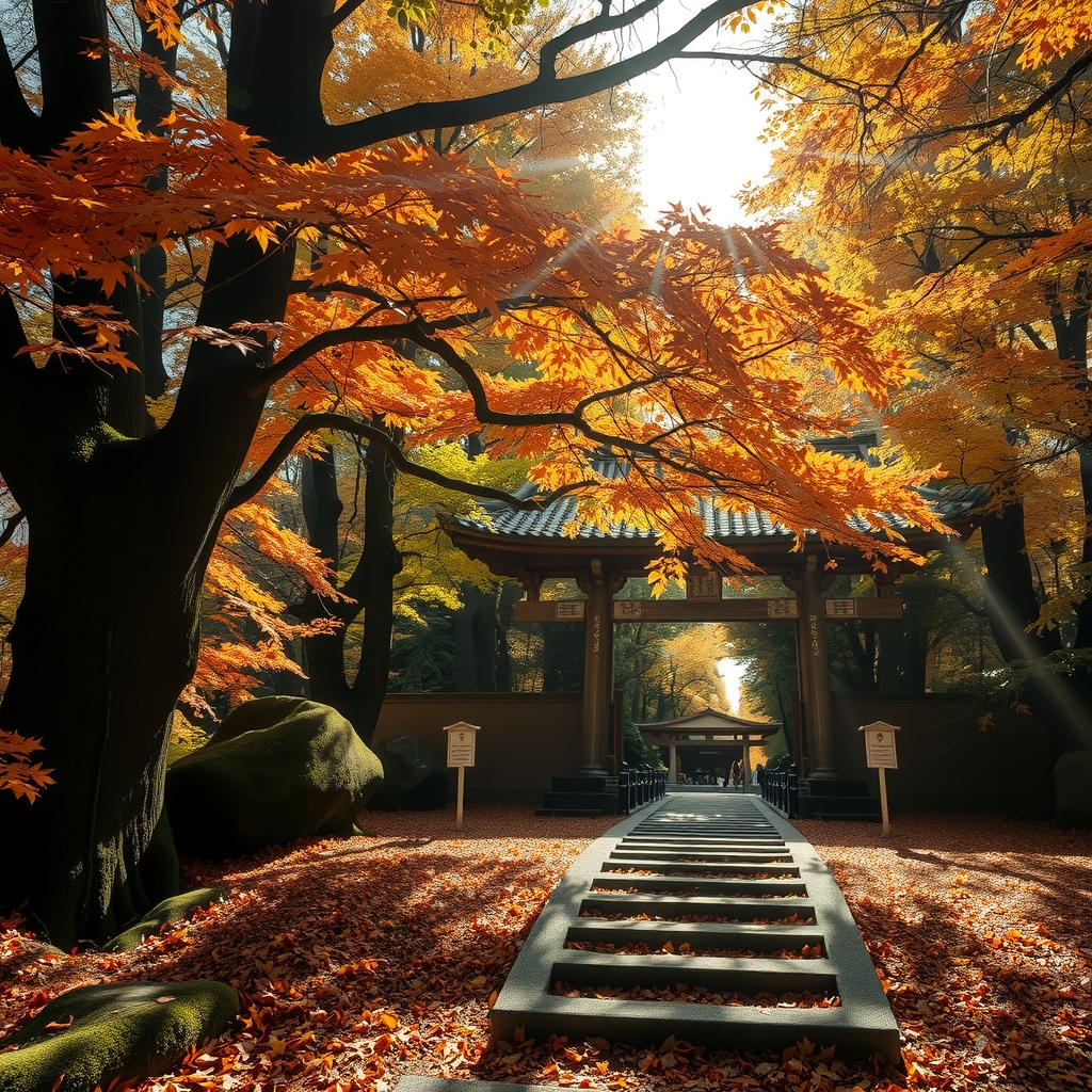 japanese autumn leaves towering cedars mossy shrine waiting fallen leaves sunlight streaks fractal noise effect 16k realistic photo by मुफ्त एआई छवि जनरेटर - बिना लॉगिन के✨ | AIGAZOU