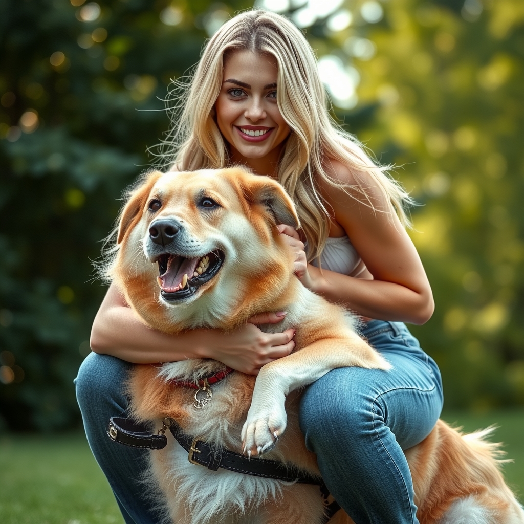 a beautiful blonde woman straddling a dog by मुफ्त एआई छवि जनरेटर - बिना लॉगिन के✨ | AIGAZOU