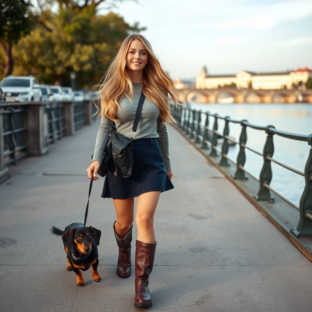 beautiful blonde with long hair and small black brown dachshund walks with boots and dark blue mini skirt by the by मुफ्त एआई छवि जनरेटर - बिना लॉगिन के✨ | AIGAZOU