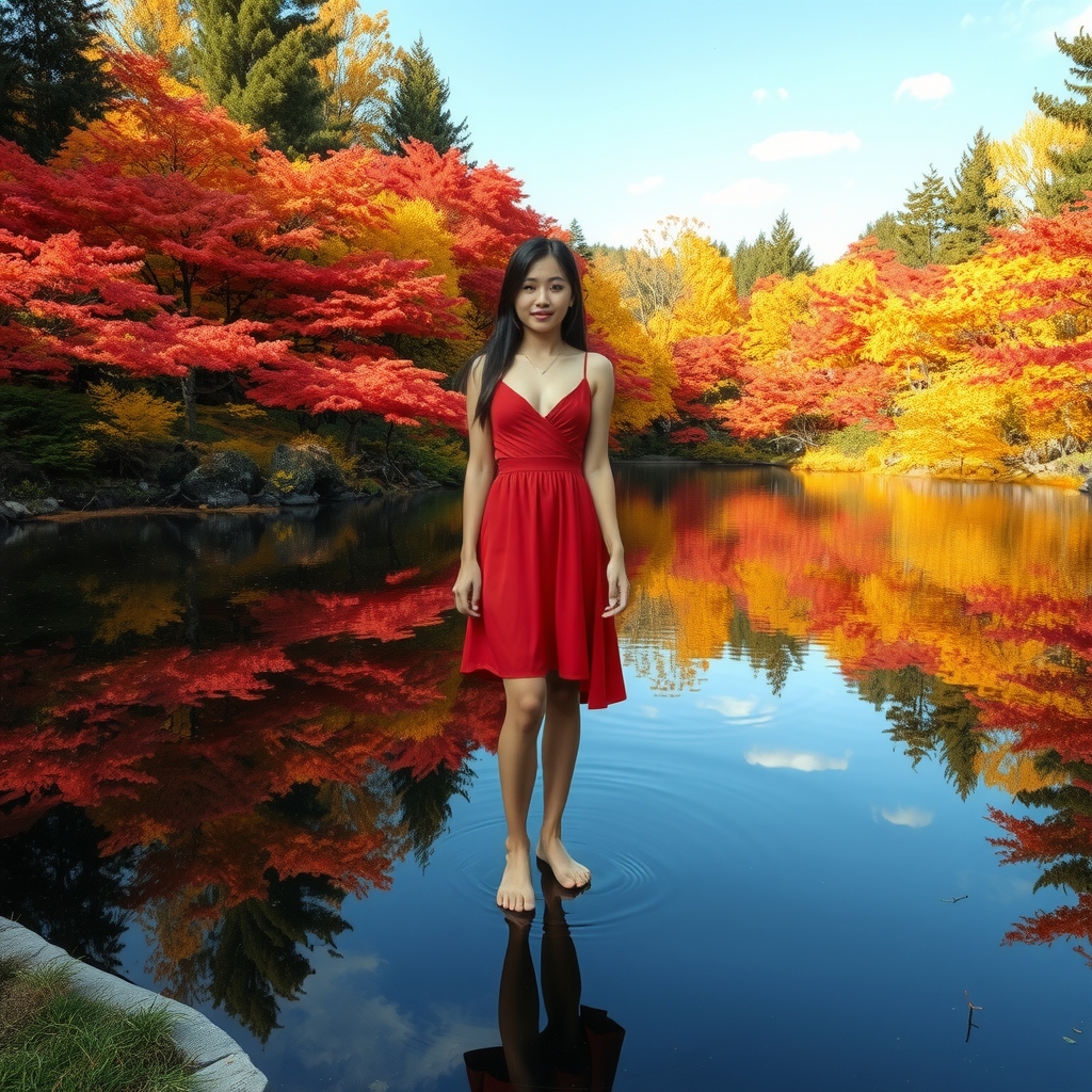 autumn leaves japanese woman standing on water by Générateur d'images par IA gratuit - Aucune connexion nécessaire✨ | AIGAZOU