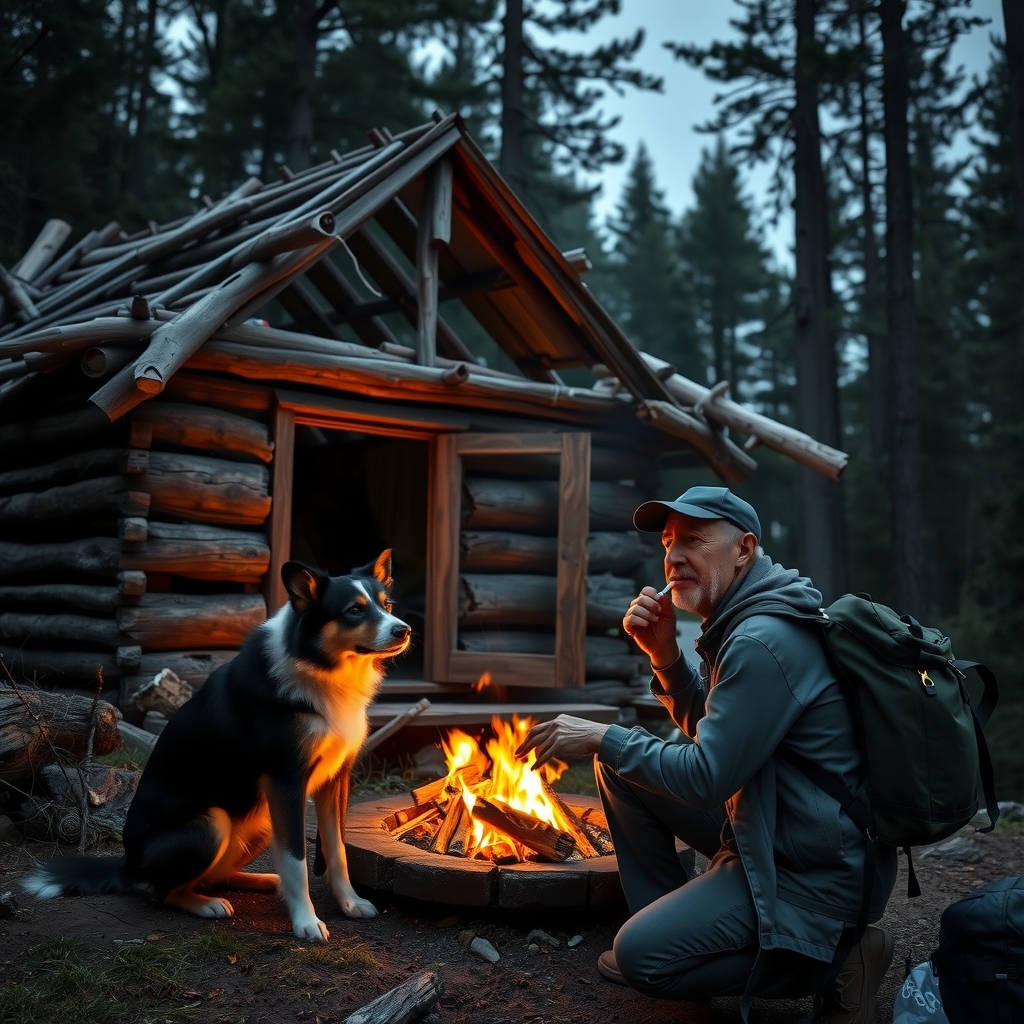 collapsed cabin border collie elderly man campfire night backpack smoking cigarette by मुफ्त एआई छवि जनरेटर - बिना लॉगिन के✨ | AIGAZOU