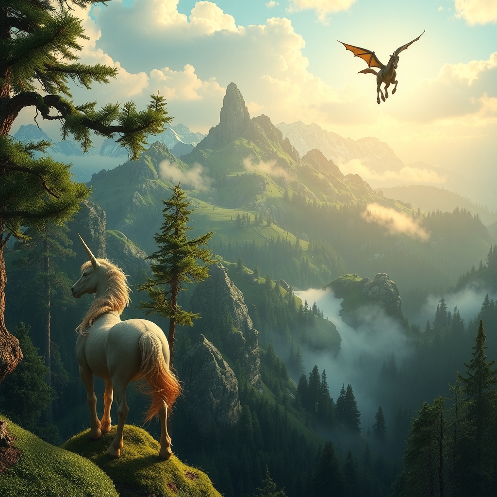 view from sky magical forest alicorns dragon by मुफ्त एआई छवि जनरेटर - बिना लॉगिन के✨ | AIGAZOU