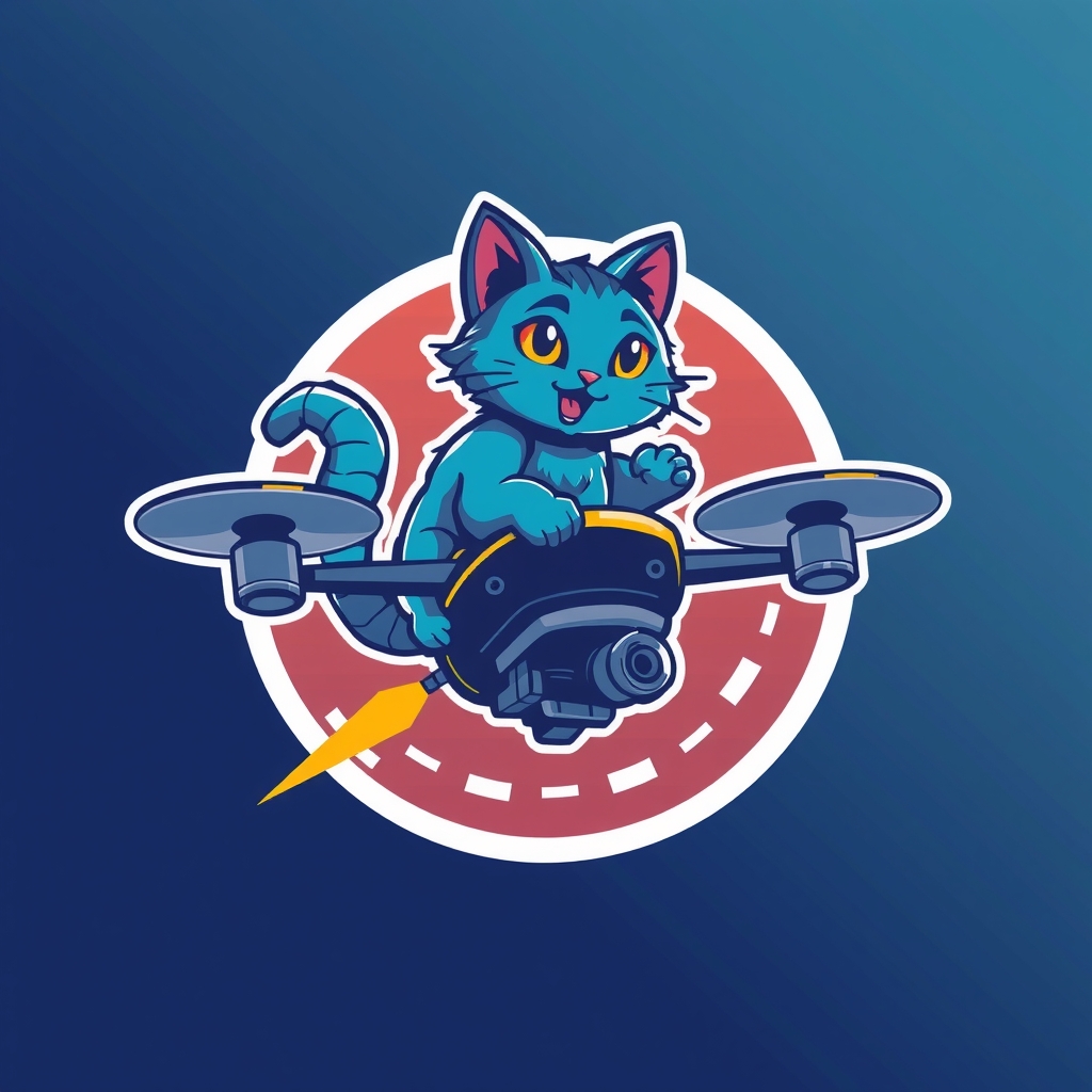 blue cat riding drone cool design emblem by मुफ्त एआई छवि जनरेटर - बिना लॉगिन के✨ | AIGAZOU