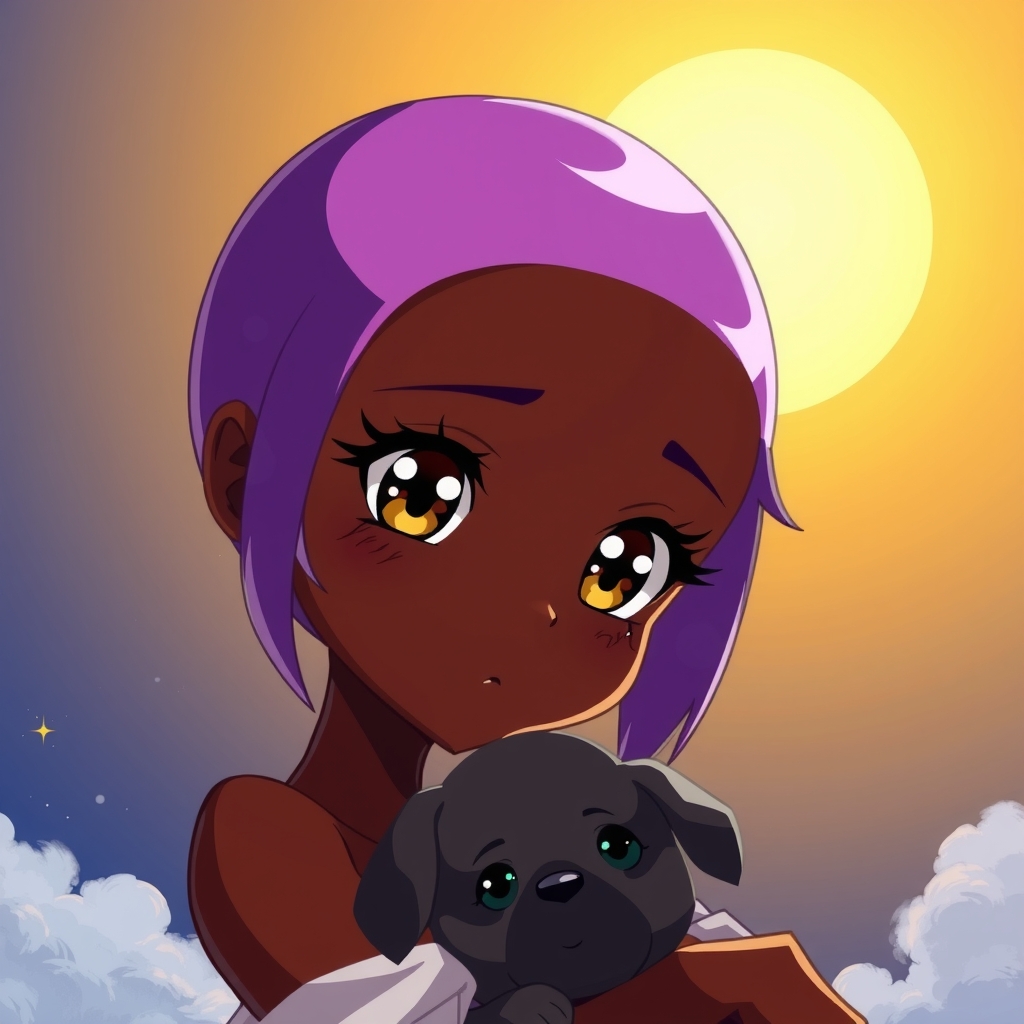 soleil noir de peau chauveux violet yeux marron nuage anime chiot by मुफ्त एआई छवि जनरेटर - बिना लॉगिन के✨ | AIGAZOU