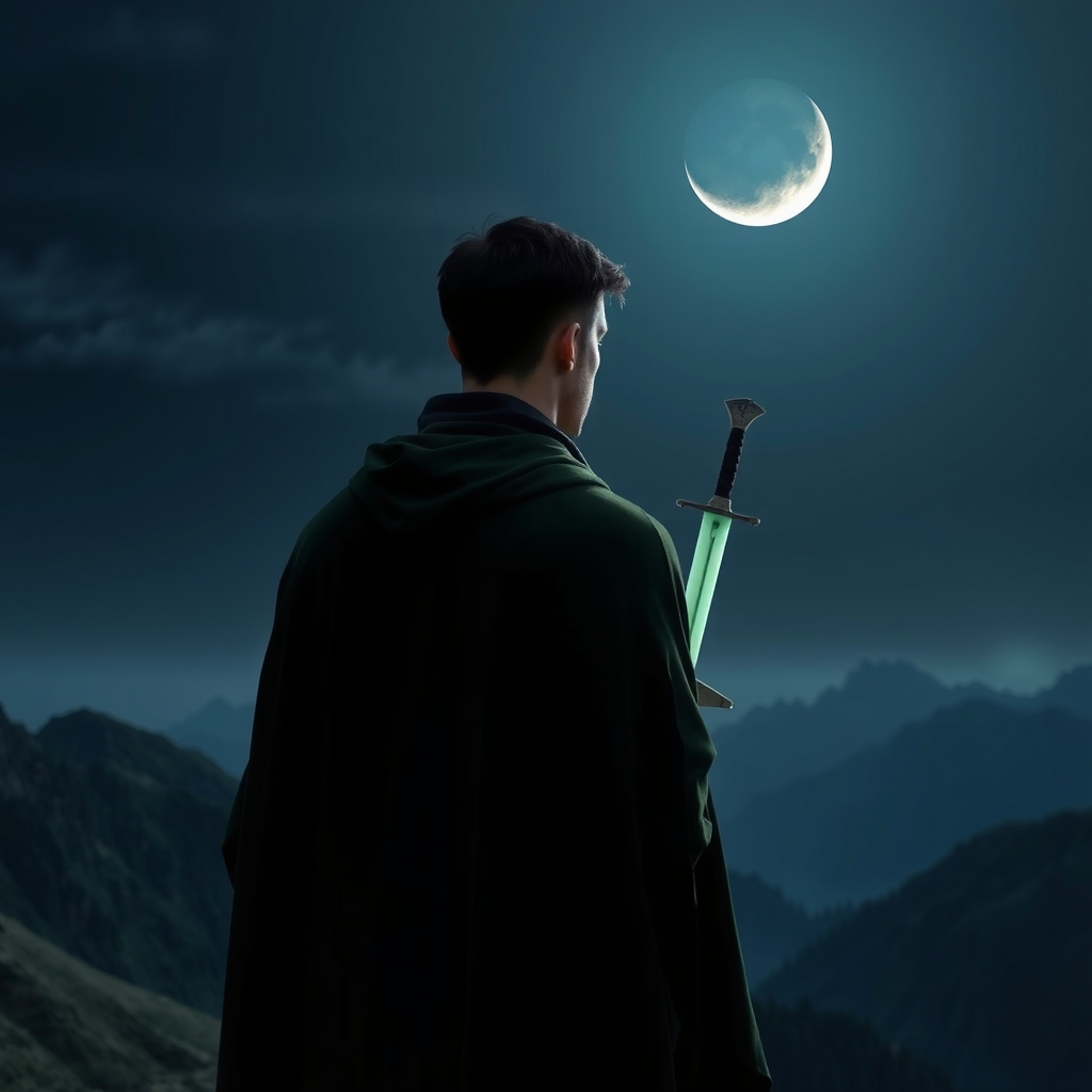 a man on a mountain at night with a crescent moon and a green sword by मुफ्त एआई छवि जनरेटर - बिना लॉगिन के✨ | AIGAZOU