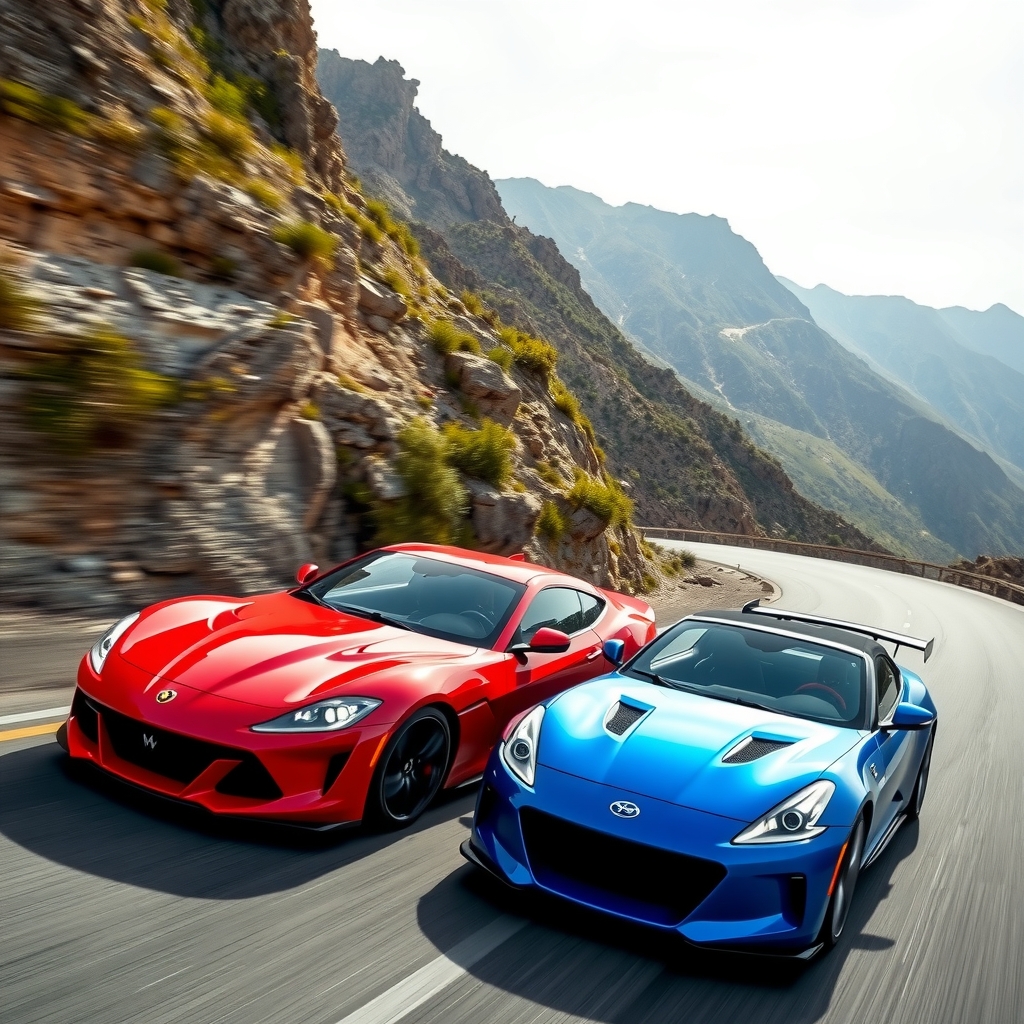 blue sports car and red sports car battle on mountain pass by मुफ्त एआई छवि जनरेटर - बिना लॉगिन के✨ | AIGAZOU