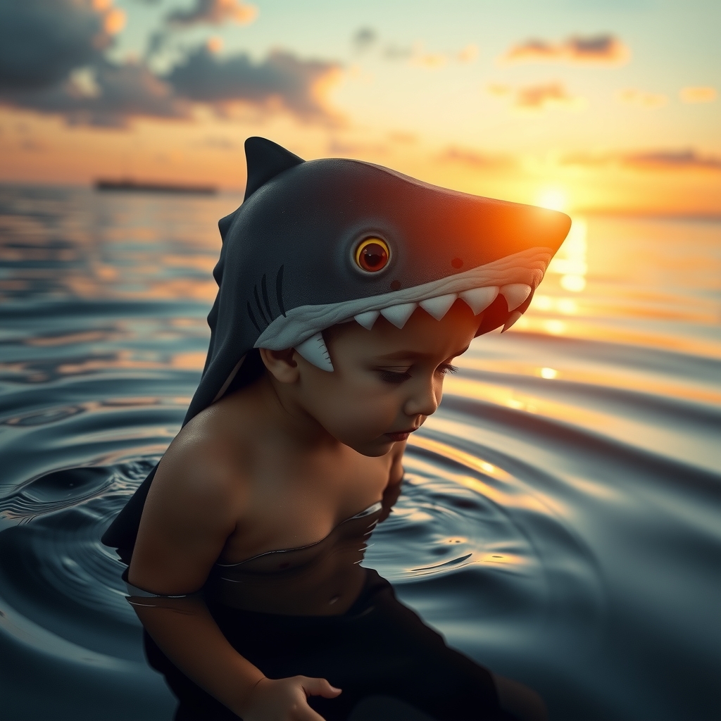 half human half shark child sunset in water by 免费AI图像生成工具 | AIGAZOU