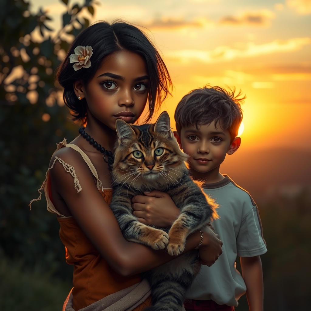 sunset black skinned girl long curly hair torn clothes holding beautiful cat with boy holding hand by मुफ्त एआई छवि जनरेटर - बिना लॉगिन के✨ | AIGAZOU