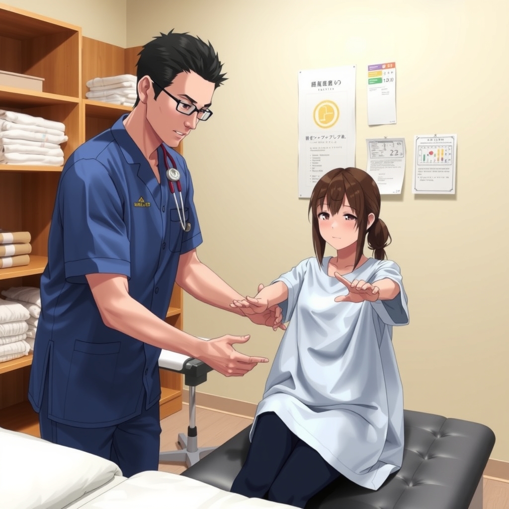 a neat treatment room with kazuto in blue physical therapist uniform treating asuna in patient clothes by मुफ्त एआई छवि जनरेटर - बिना लॉगिन के✨ | AIGAZOU