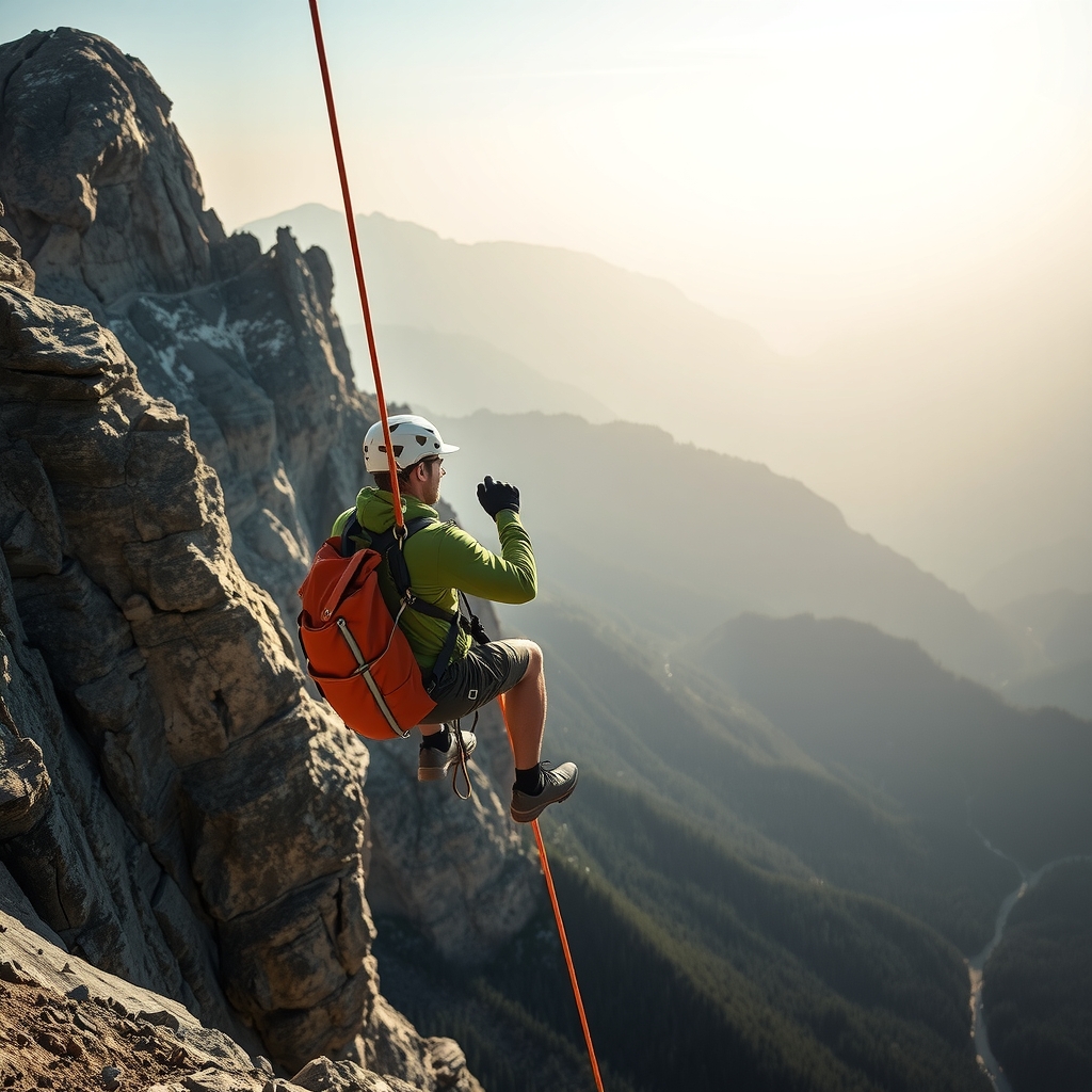 man on zip line high mountain by मुफ्त एआई छवि जनरेटर - बिना लॉगिन के✨ | AIGAZOU