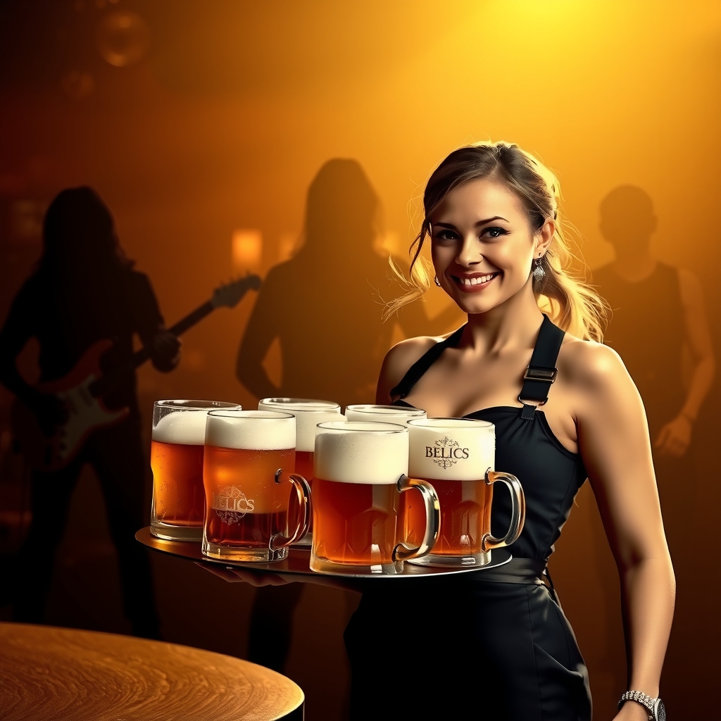 rock musicians voluptuous waitress serving beer by मुफ्त एआई छवि जनरेटर - बिना लॉगिन के✨ | AIGAZOU