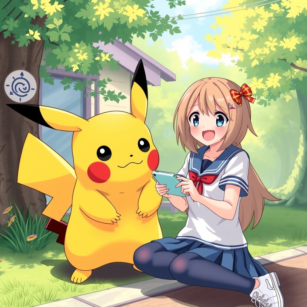 pikachu and high school girl playing by मुफ्त एआई छवि जनरेटर - बिना लॉगिन के✨ | AIGAZOU