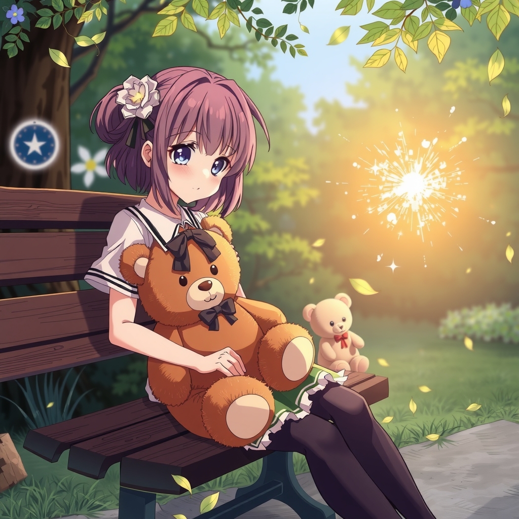 anime girl teddy bear on a bench and sparkle by मुफ्त एआई छवि जनरेटर - बिना लॉगिन के✨ | AIGAZOU