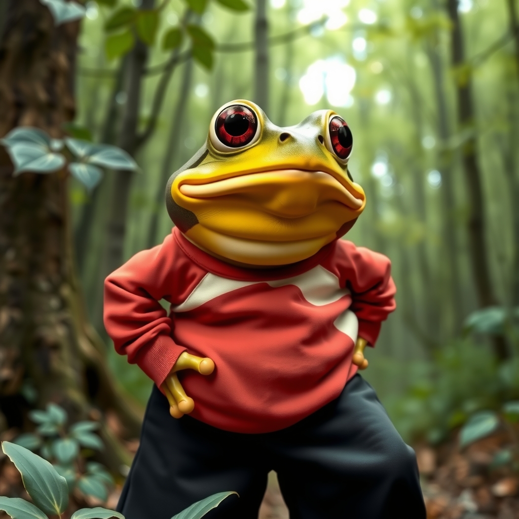 a pepe frog in the woods wearing wide black pants and a red white sweatshirt by मुफ्त एआई छवि जनरेटर - बिना लॉगिन के✨ | AIGAZOU