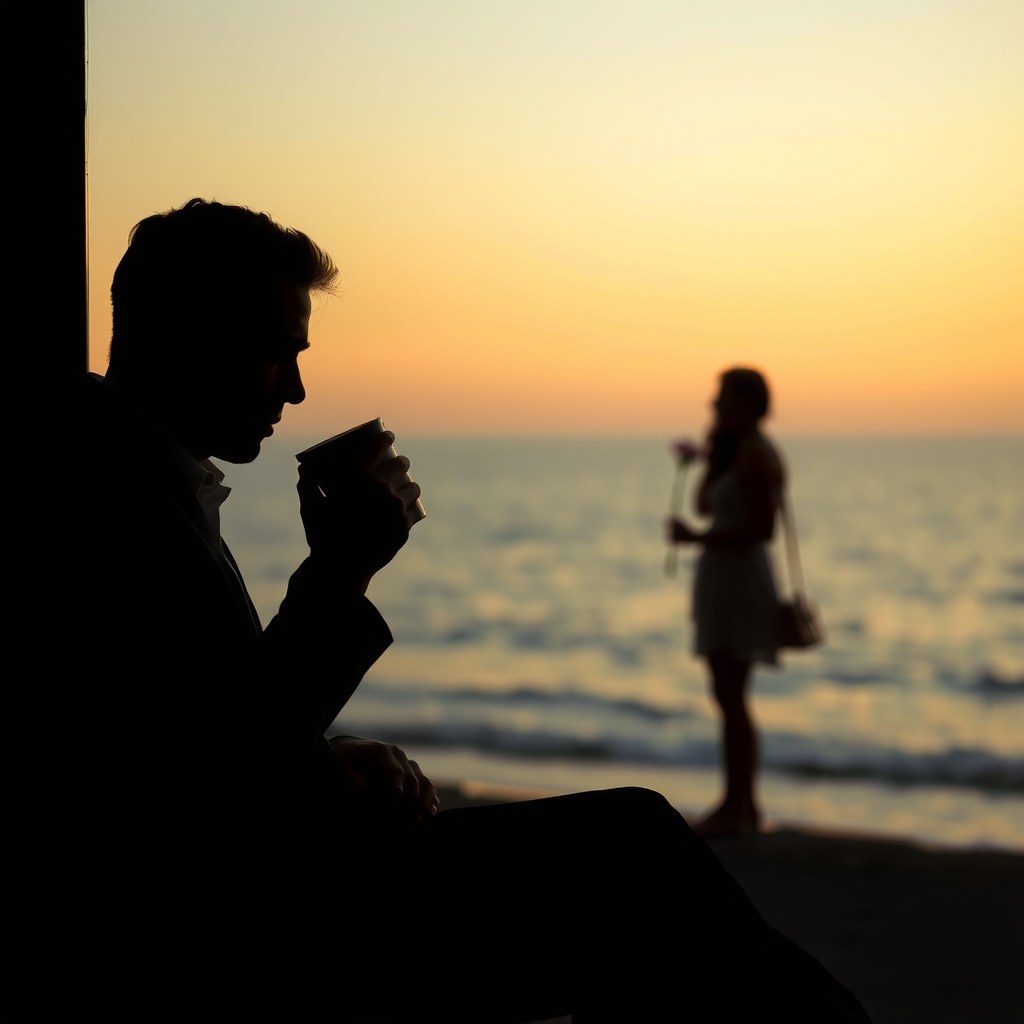 shadow man sitting drinking coffee sunset sea by मुफ्त एआई छवि जनरेटर - बिना लॉगिन के✨ | AIGAZOU