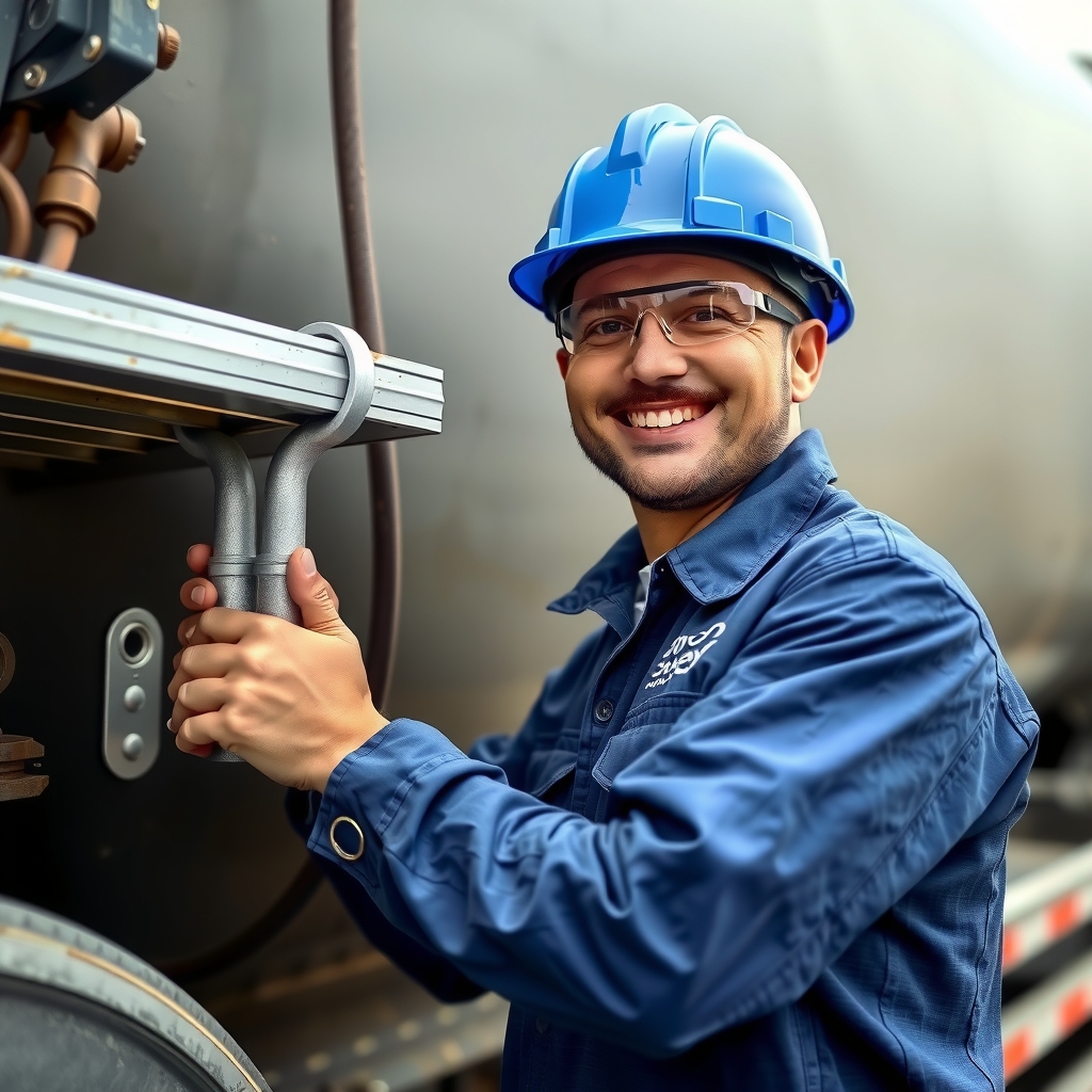 a smiling man in blue work clothes with a blue helmet and safety goggles attaches security seals to a tanker by मुफ्त एआई छवि जनरेटर - बिना लॉगिन के✨ | AIGAZOU