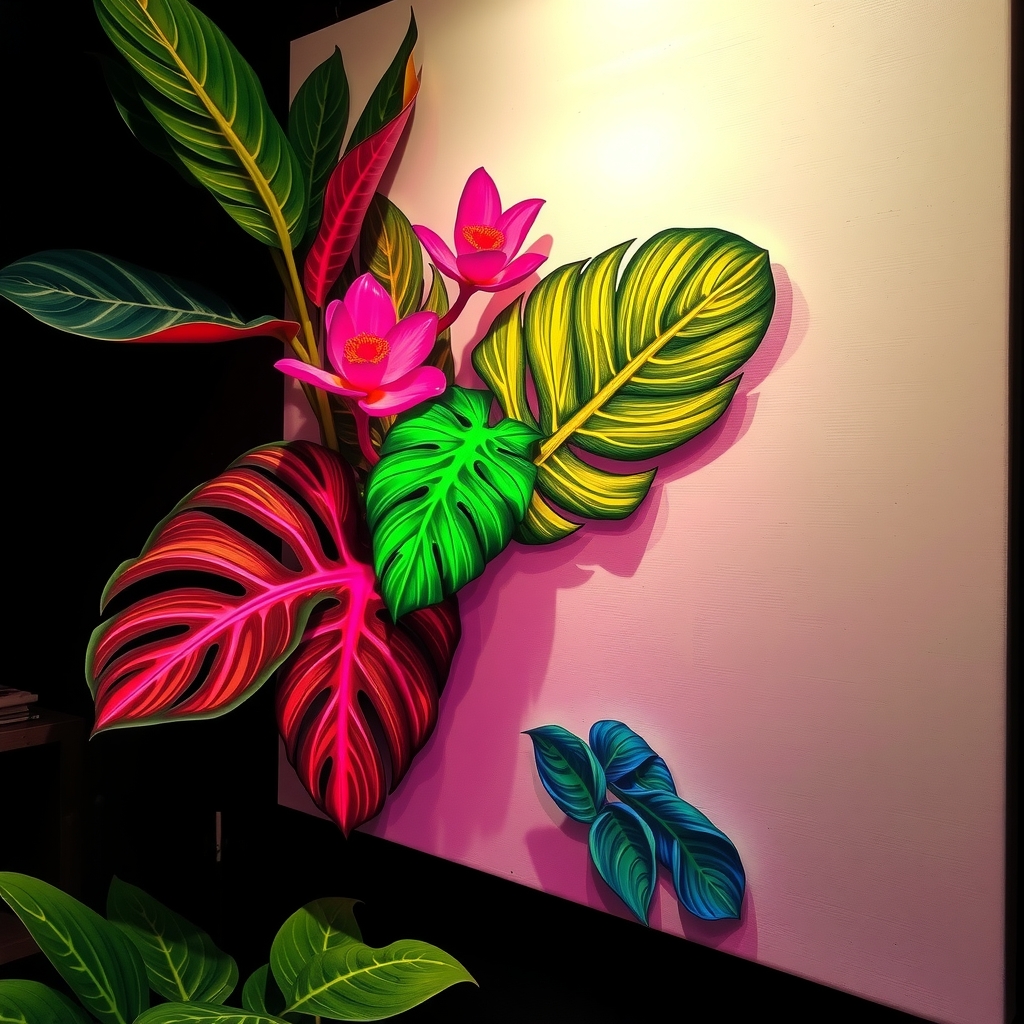 tropical leaves on canvas with neon lines by मुफ्त एआई छवि जनरेटर - बिना लॉगिन के✨ | AIGAZOU