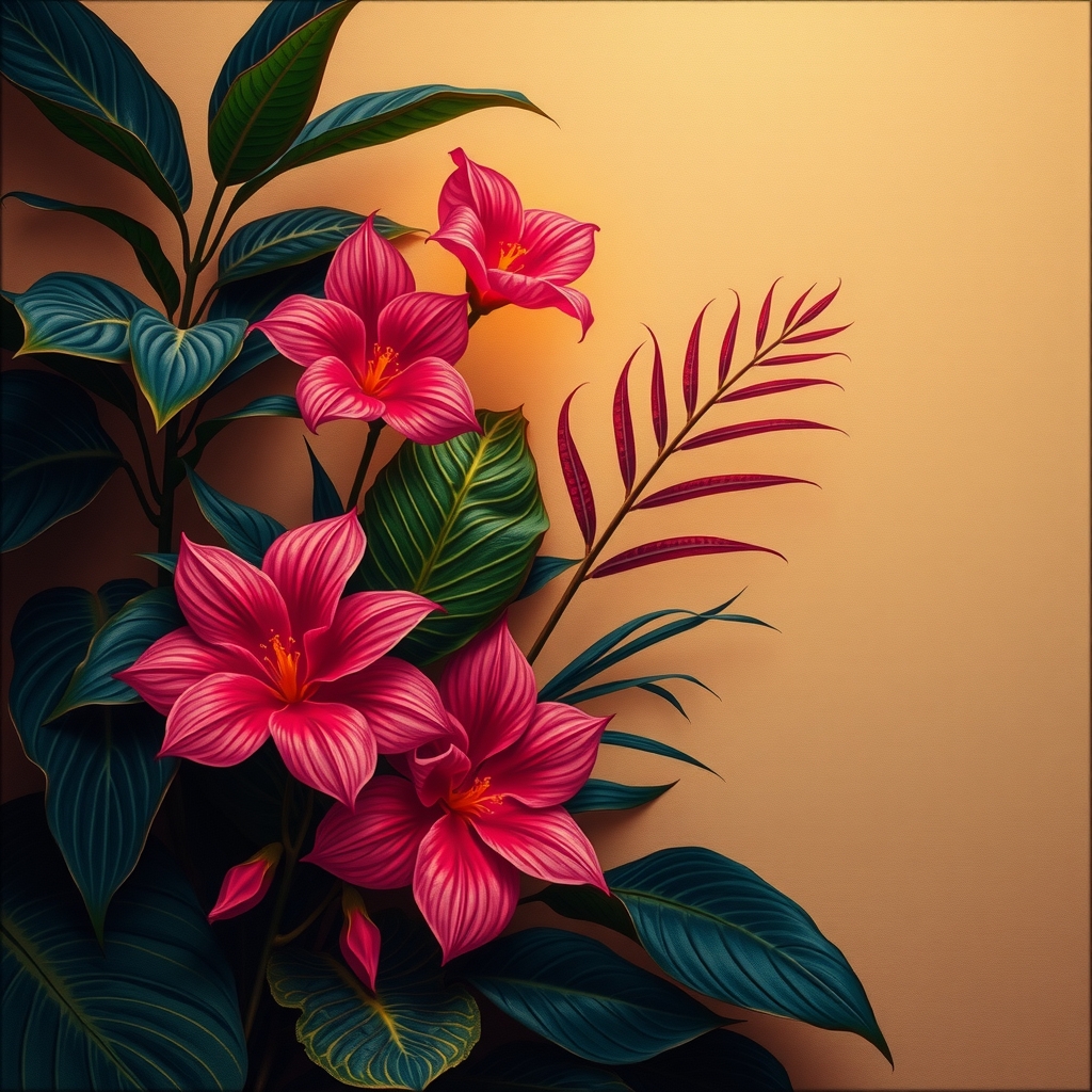 soft moody art with warm light and tropical leaves by मुफ्त एआई छवि जनरेटर - बिना लॉगिन के✨ | AIGAZOU