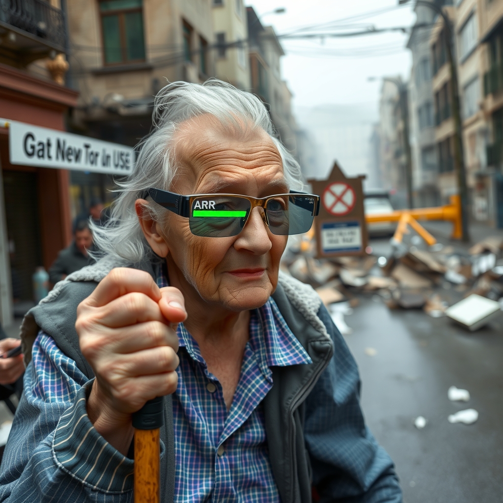 elderly man using walking stick escapes disaster with ar glasses by मुफ्त एआई छवि जनरेटर - बिना लॉगिन के✨ | AIGAZOU