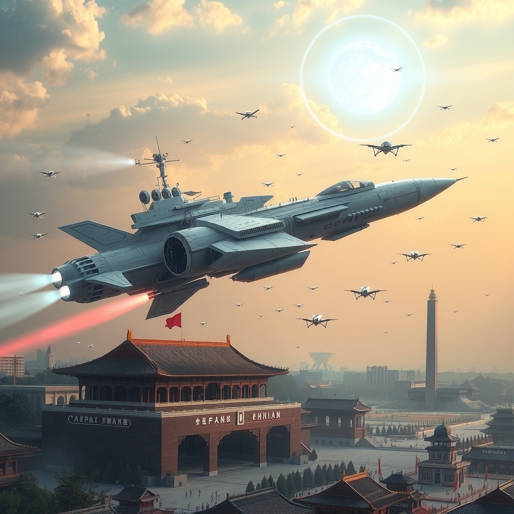 sky fujian ship white emperor aircraft sci fi tiananmen square people hero monument unmanned corps drone swarm skyward light column by मुफ्त एआई छवि जनरेटर - बिना लॉगिन के✨ | AIGAZOU