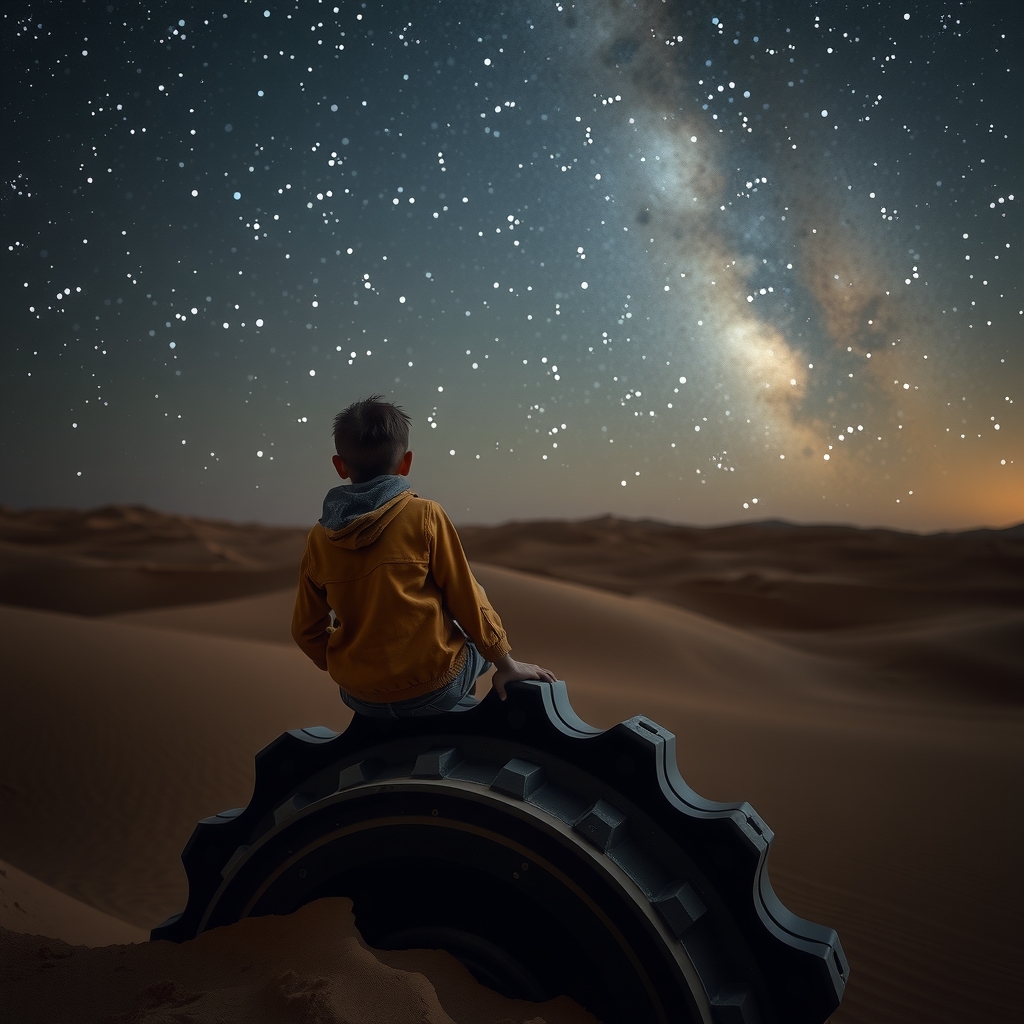 a boy sitting on a large gear looking at the stars by मुफ्त एआई छवि जनरेटर - बिना लॉगिन के✨ | AIGAZOU